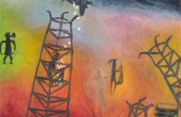 watchman's nightmares: fishing cocain/ Drogen statt Fische oder: das Netz wird wieder voll, 2007, 90x110 cm, Eitempera/Öl auf Nessel/Schablonenbilder der Gbato-Senufo(Elfenbeinküste)  